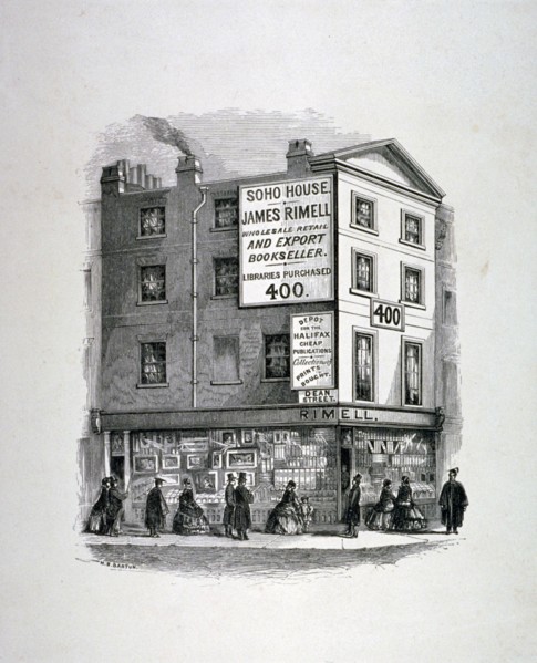 James Rimell's bookshop, Soho House, corner of Dean Street and Oxford Street, London, c1860. Artist: Anon
