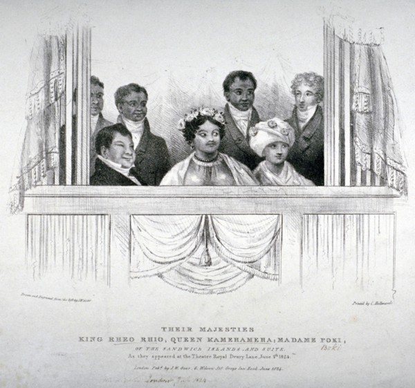 Members of the Hawaiian royal family at the Theatre Royal, Drury Lane, London, 1824. Artist: Anon