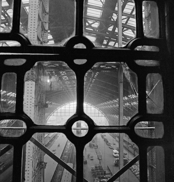 View of St Pancras Station through a leaded window, London, 1960-1972