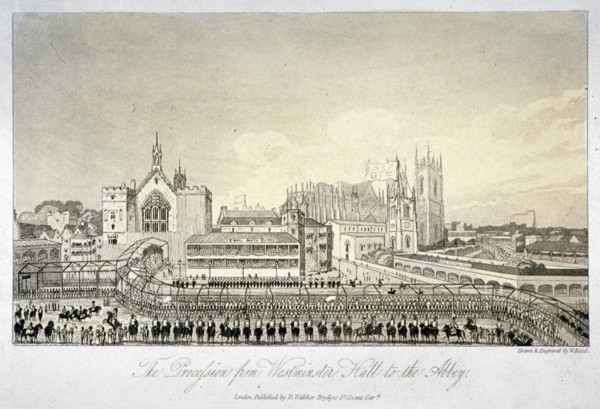 Procession outside Westminster Hall, London, 1821. Artist: W Read