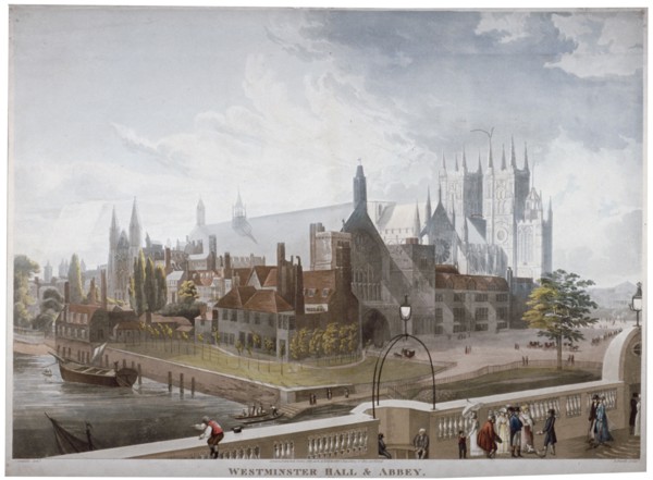 View of Westminster Hall and Abbey, from Westminster Bridge, London, 1819. Artist: Daniel Havell