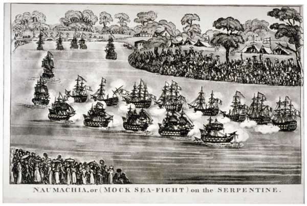 Naumachia, or (Mock Sea-Fight) on the Serpentine', Hyde Park, London, 1814. Artist: Anon