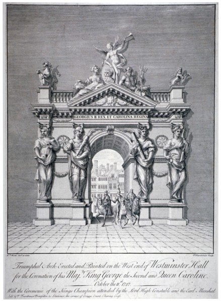 Triumphal arch on the west end of Westminster Hall, London, 1727. Artist: Pierre Fourdrinier