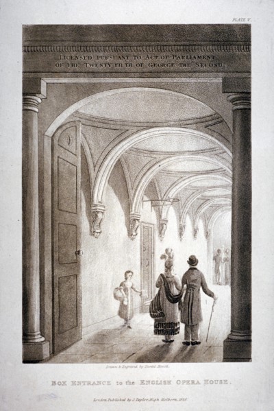 View of the box entrance in the King's Theatre, Haymarket, London, 1837. Artist: Daniel Havell