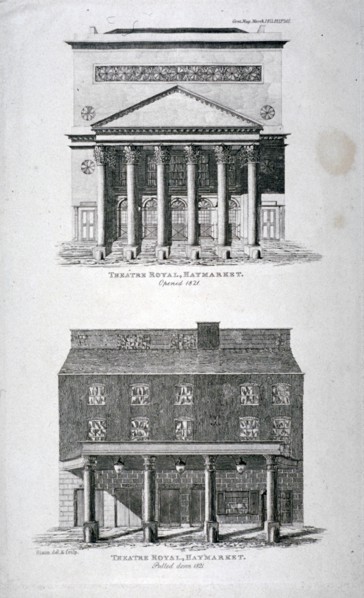 The old and new Haymarket Theatres, Westminster, London, 1822. Artist: Hixon