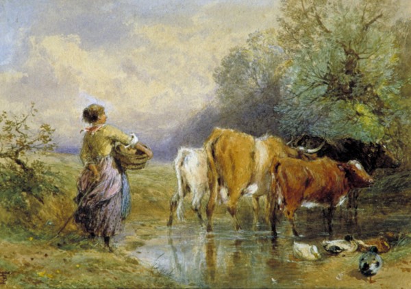 'A Girl driving Cattle across a Stream', 19th century. Creator: Birket Foster.