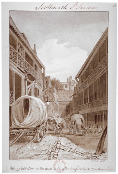 King's Head Inn on the East Side of the High Street, Southwark', London, 1827. Artist: John Chessell Buckler