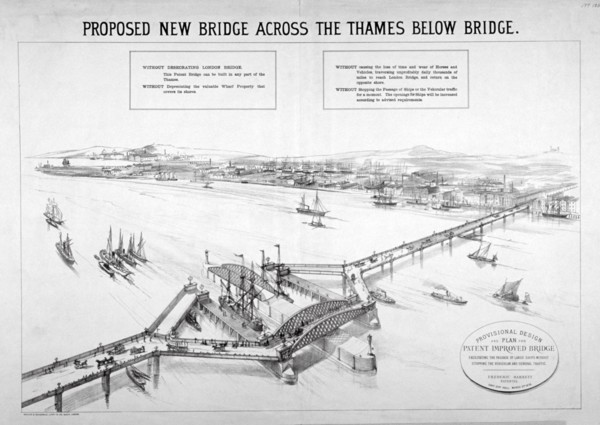 Design by Frederic Barnett for a 'duplex' low-level bridge, London, 1876. Artist: Maclure, Macdonald, Macgregor