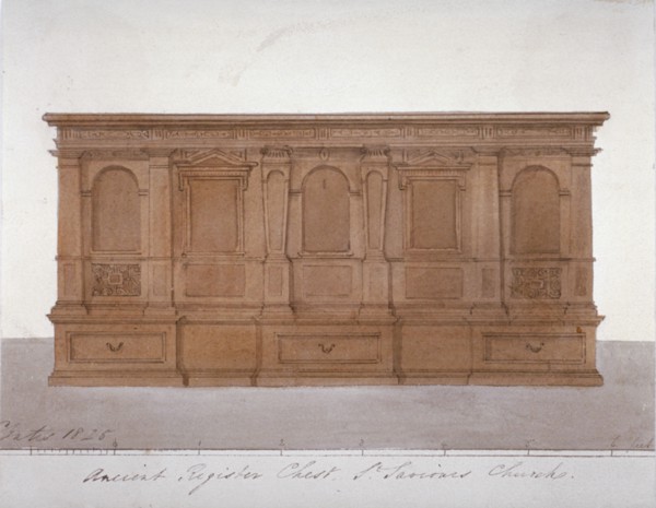 Ancient register chest from Southwark Cathedral, London, 1825. Artist: G Yates