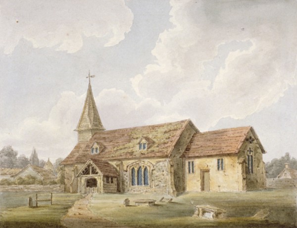 South-west view of Holy Cross Church, Greenford, Middlesex, c1825. Artist: Anon