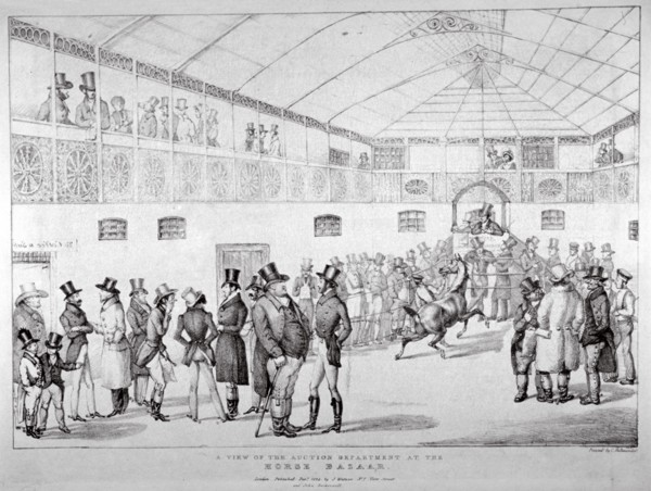 Auction rooms at Aldridge's Horse Repository, St Martin's Lane, Westminster, London, 1824. Artist: Anon