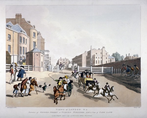 Entrance to Oxford Street at the Tyburn Turnpike, London, 1798. Artist: Heinrich Schutz