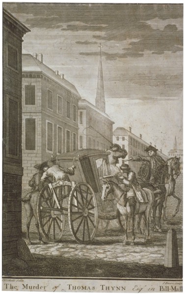 Scene of Thomas Thynne's murder in Pall Mall, Westminster, London, 1682 (c1775). Artist: James Basire I
