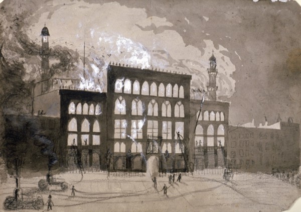 Fire at the Alhambra Theatre, Leicester Square, London, 1882 (1883). Artist: William Dickes