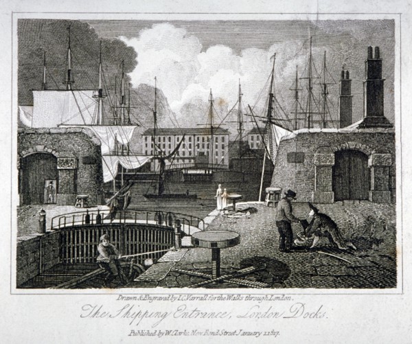 View of the shipping entrance to London Docks, Wapping, 1817. Artist: JC Varrall