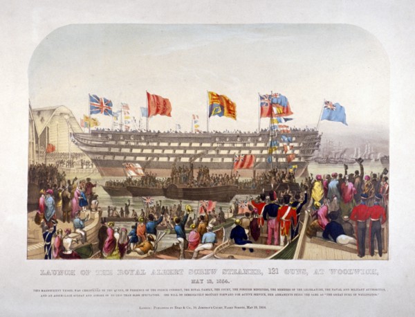 Launch of HMS 'Royal Albert', Woolwich Royal Dockyard, Kent, 1854. Artist: Anon