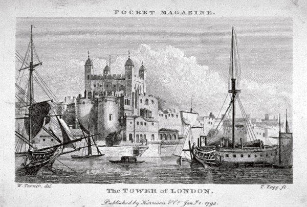 View of the Tower of London with boats on the River Thames, 1795. Artist: Thomas Tagg