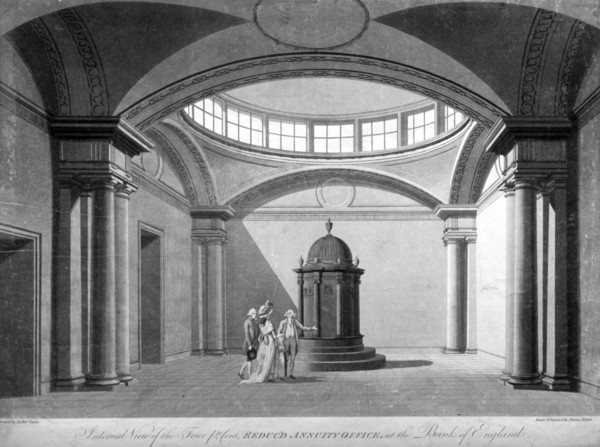 The Four Percent Reduced Annuity Office at the Bank of England, City of London, c1790. Artist: Thomas Malton II