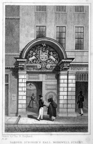 Entrance to Barber Surgeons' Hall, City of London, 1830. Artist: John Greig