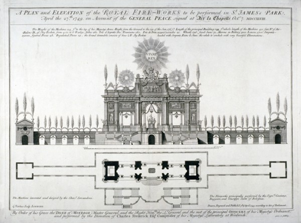 Plan and elevation of the royal fireworks to be performed in St James's Park, London, 1749. Artist: George Vertue