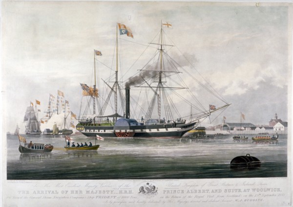 Queen Victoria and Prince Albert arriving at the Royal Dockyard, Woolwich, Kent, 1843. Artist: E Duncan