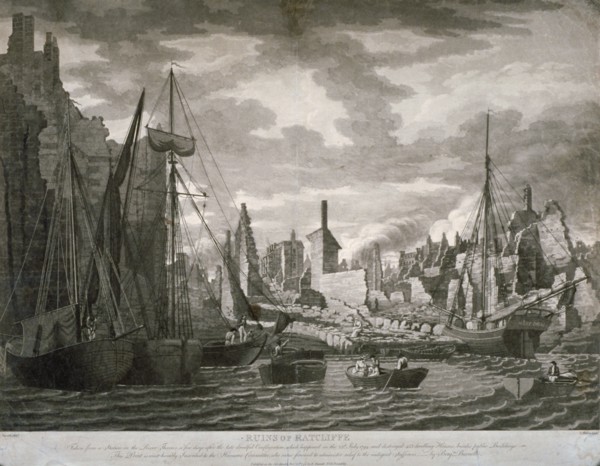 View of the Ratcliffe area, London, showing the ruins after the fire of 23 July, 1794. Artist: Benjamin Burnell