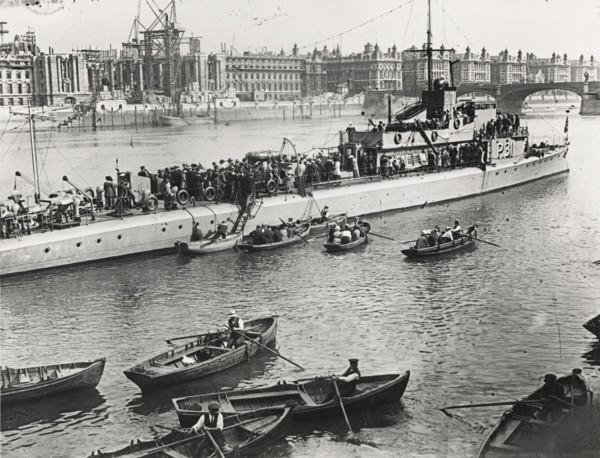 Ship and boats on the River Thames, London, c1913. Artist: Unknown