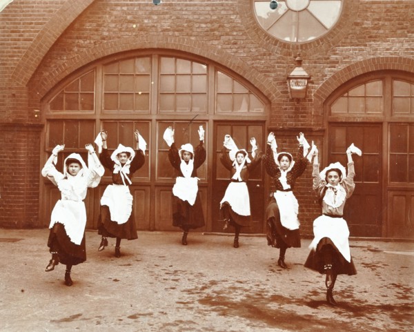 Girls morris dancing in playground, Thomas Street Girls School, Limehouse, Stepney, London, 1908. Artist: Unknown.
