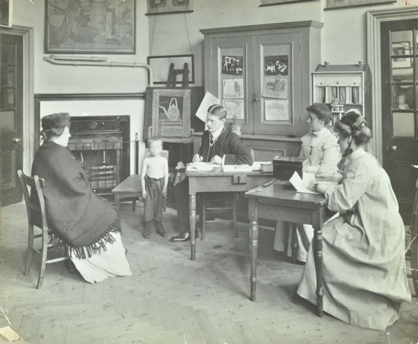 Medical examination of a boy, Holland Street School, London, 1911. Artist: Unknown.