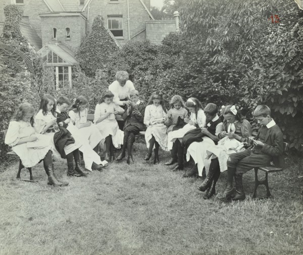 Pupils in the garden doing needlework, Birley House Open Air School, Forest Hill, London, 1908. Artist: Unknown.
