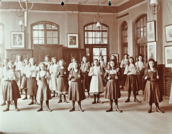 Girls holding Indian clubs, Cromer Street School/ Argyle School, St Pancras, London, 1906. Artist: Unknown.