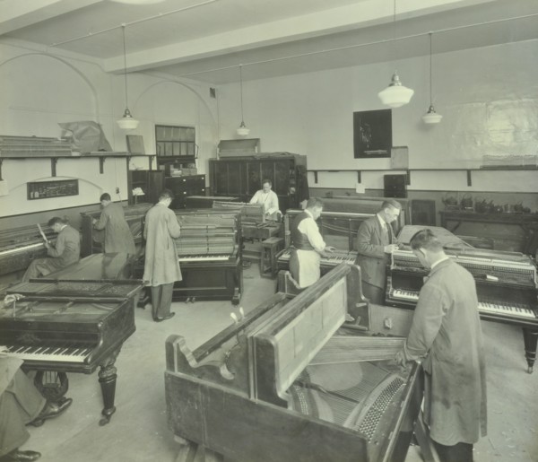 Piano repairing class, Northern Polytechnic, London, 1930. Artist: Unknown.