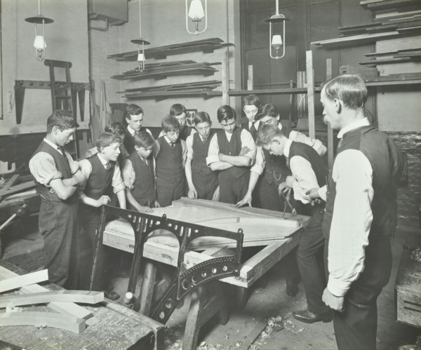 Making pianos, Benthal Road Evening Institute, London, 1914. Artist: Unknown.