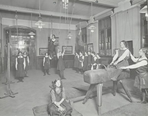 Gymnastics lesson, Laxon Street Evening Institute for Women, London, 1914. Artist: Unknown.