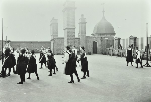 Playing netball, Myrdle Street Girls School, Stepney, London, 1908. Artist: Unknown.