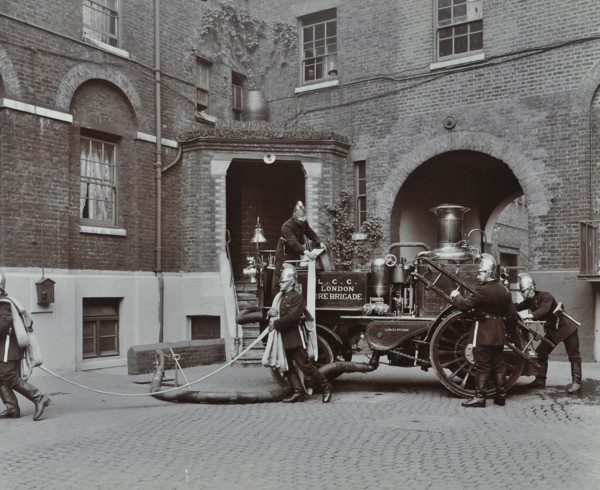 Firemen demonstrating motor steamer hoses, London Fire Brigade Headquarters, London, 1910. Artist: Unknown.