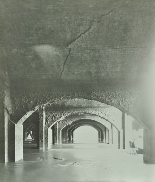 Cracks in the brickwork from wartime bombing, Beckton Sewage Works, London, 1946. Artist: Unknown.