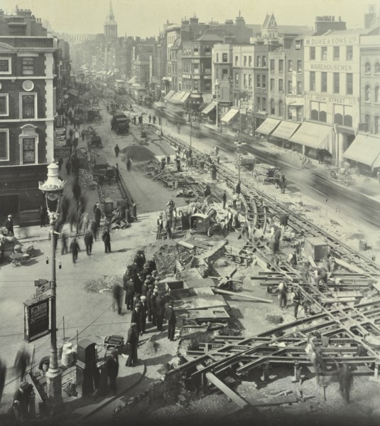 Tramlines being laid, Whitechapel High Street, London, 1929. Artist: Unknown.