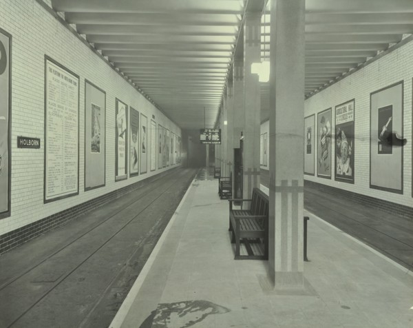 Platform with advertising posters, Holborn Underground Tram Station, London, 1931. Artist: Unknown.