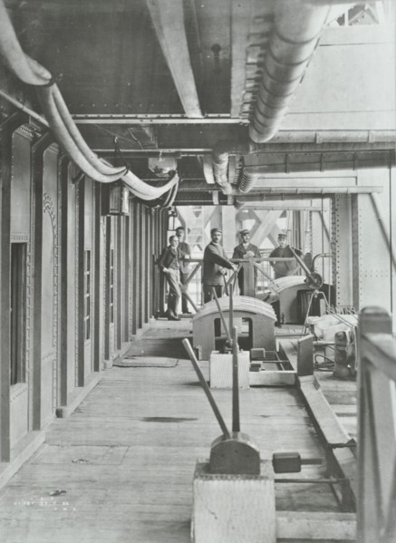 Men on the Hydraulic Lever Platform of the Woolwich Ferry, London, 1896. Artist: Unknown.