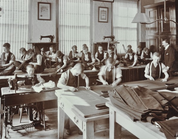 Boys' tailoring class at Highbury Truant School, London, 1908. Artist: Unknown.
