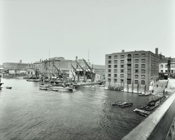 Boats and warehouses on the River Thames, Lambeth, London, 1906. Artist: Unknown.