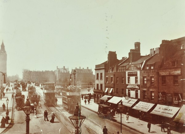 Double-decker electric trams on Westminster Bridge, London, 1906. Artist: Unknown.