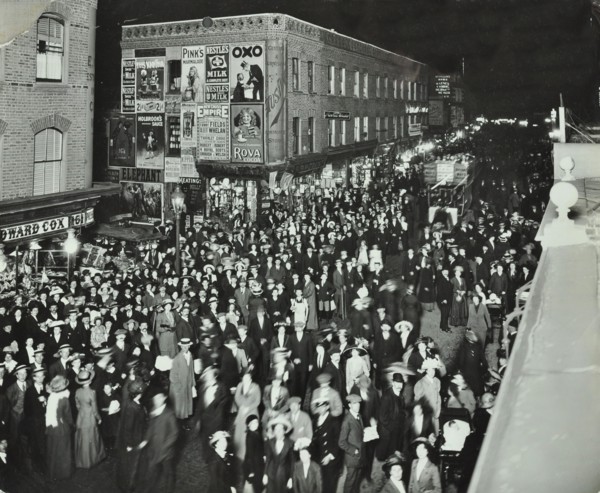 Crowds of shoppers in Rye Lane at night, Peckham, London, 1913. Artist: Unknown.