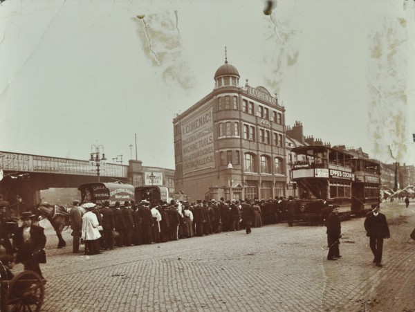 Queue of people at a bus stop in the Blackfriars Road, London, 1906. Artist: Unknown.