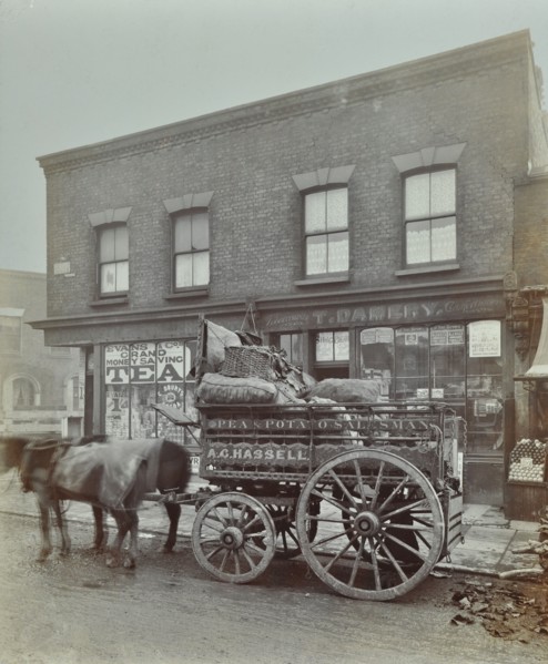 Horse and cart with sacks of vegetables, Bow, London, 1900. Artist: Unknown.