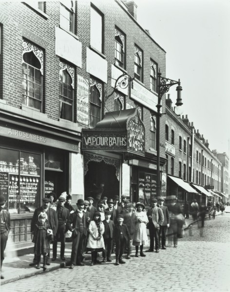 Crowd outside the Russian Vapour Baths, Brick Lane, Stepney, London, 1904. Artist: Unknown.