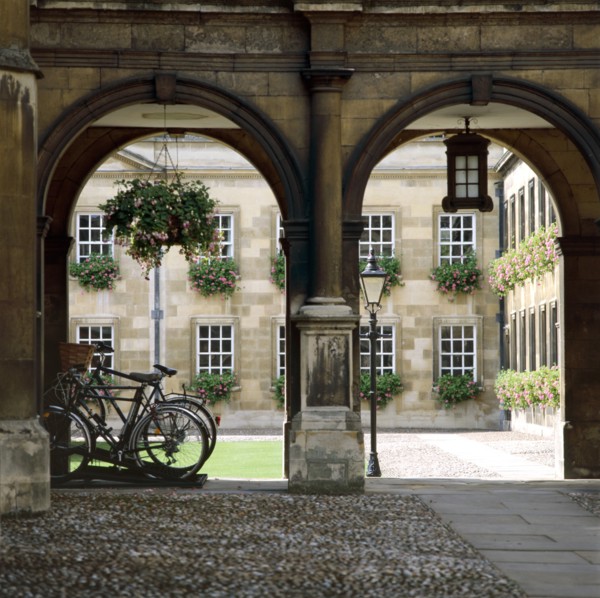 View of the arcade with bicycles, Peterhouse College, Cambridge, Cambridgeshire