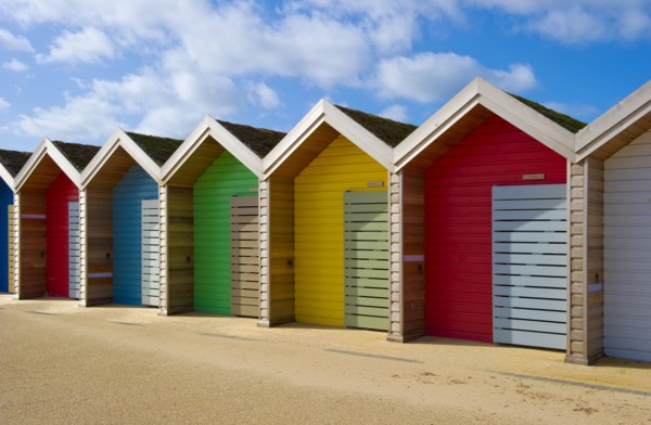 Row of different coloured beach huts, Blyth, Northumberland, 2010