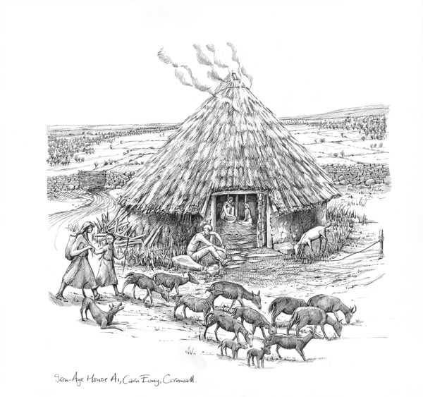 Farmers and a herd of goats outside Iron Age Roundhouse, (c1990-2010) Artist